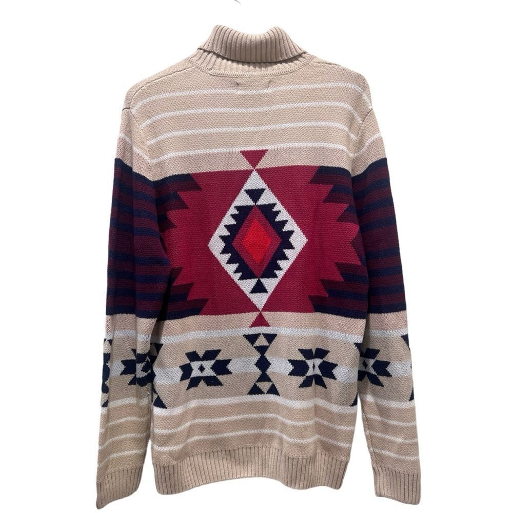 Unisex Aztec Tribal Fair Isle Turtleneck Beige Pullover Sweater - Picture 6 of 9